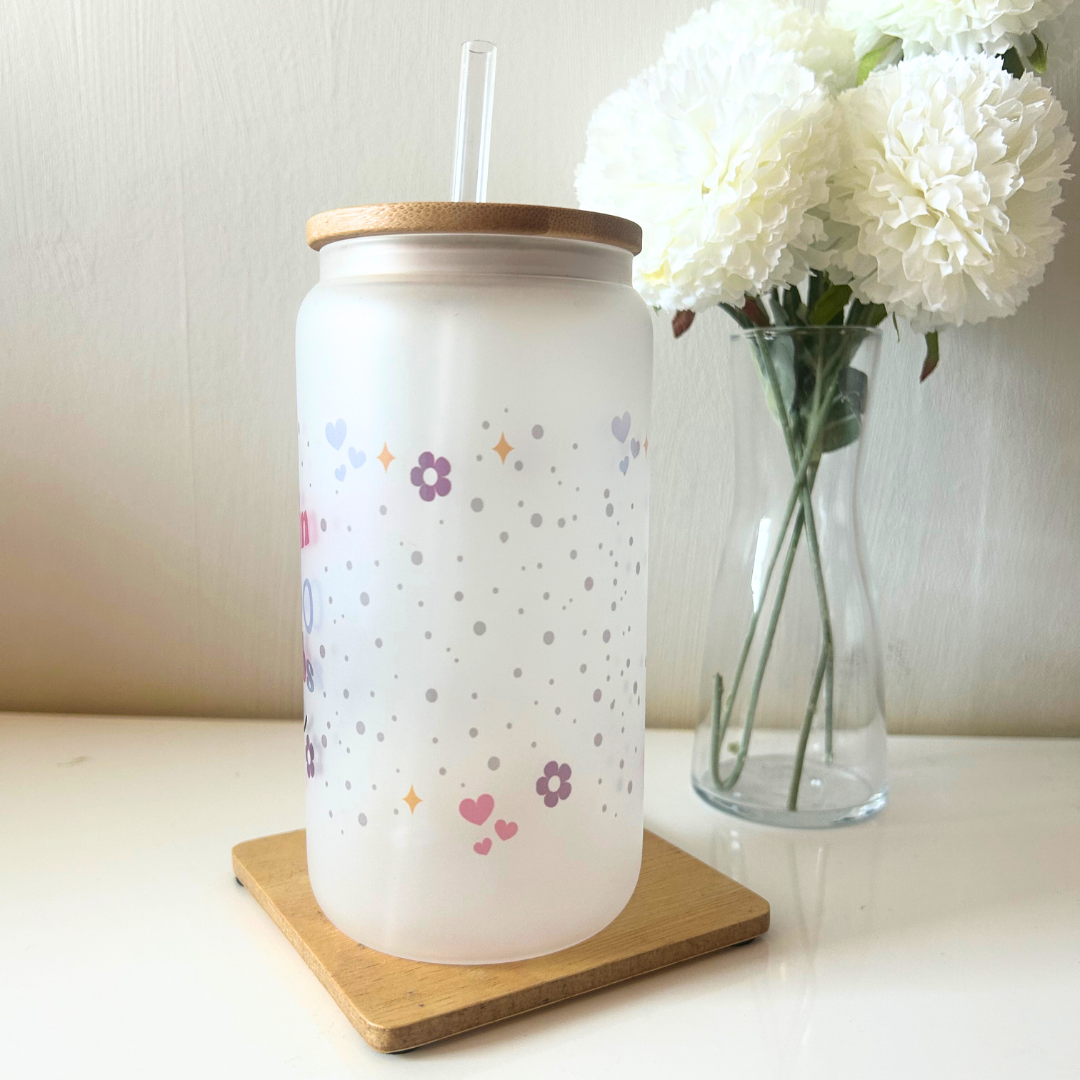 Overthinkers Club frosted glass tumbler with bamboo lid and plastic straw with design 'My Brain Has Too Many Tabs Open'.