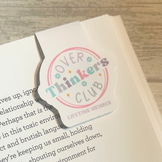 White gloss magnetic bookmark with Overthinkers Club Logo.