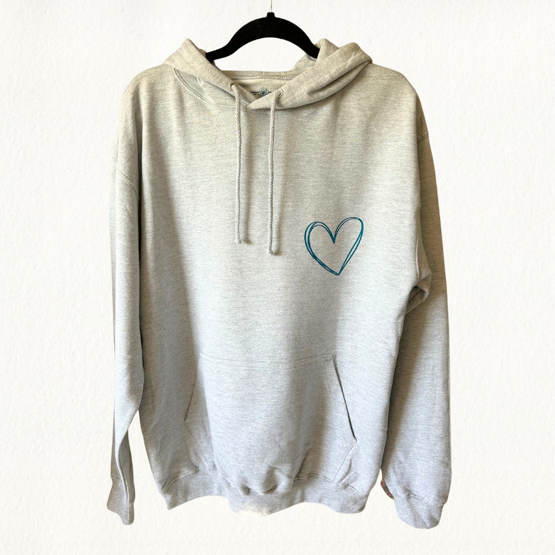 Heather grey hoodie with teal heart pocket detail
