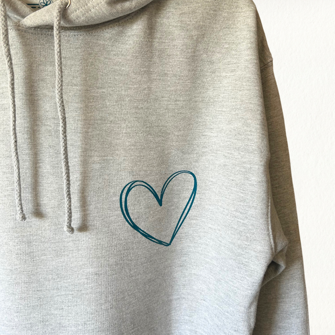 Heather grey hoodie with heart pocket detail in teal